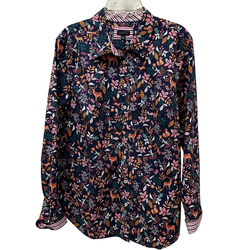 Talbots Woodland Ditsy Cotton Button Front Shirt Navy Deer Fox Mushroom Medium